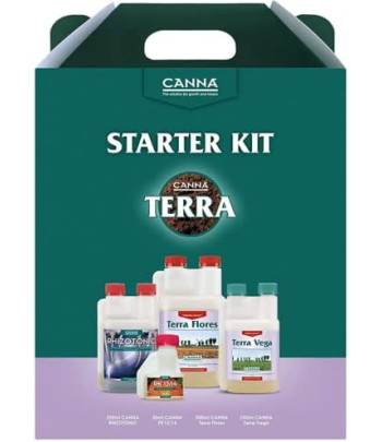 Conjunto de fertilizantes y aditivos, que forman el Canna Terra Starter Kit.