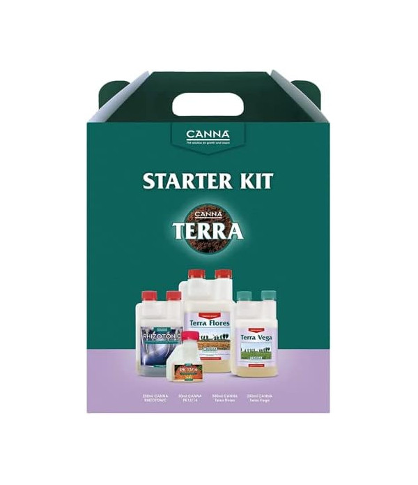 Conjunto de fertilizantes y aditivos, que forman el Canna Terra Starter Kit.