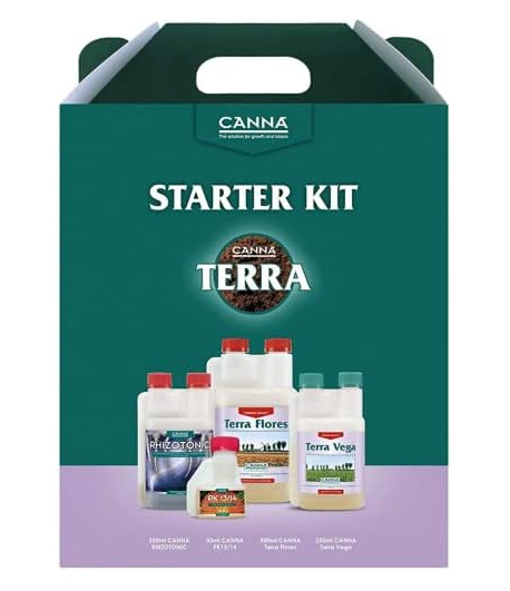 Conjunto de fertilizantes y aditivos, que forman el Canna Terra Starter Kit.